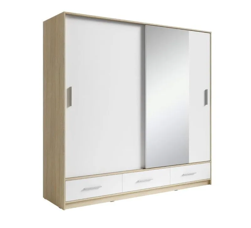 Schiebetürenschrank / Kleiderschrank Ornos 03, Farbe: Eiche / Weiß - Abmessungen: 212 x 220 x 64 cm (H x B x T)