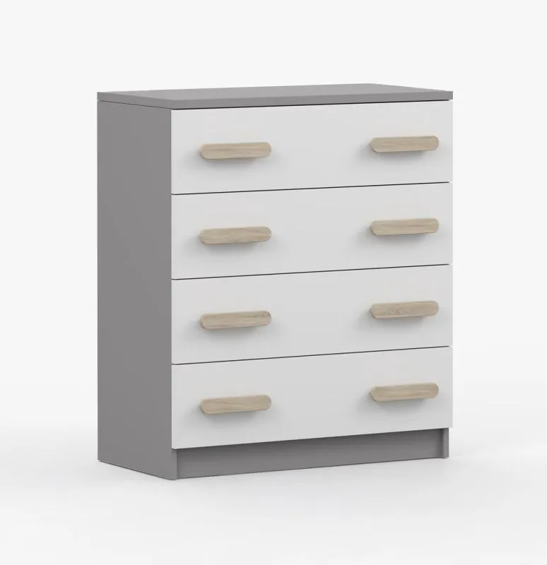 Kommode 80 cm breit | Weiß / Grau | Smolikas 15 | 4 geräumige Schubladen | braune Holzgriffe | 90 x 80 x 40 cm | Kinder | Jugend | Zweifarbig