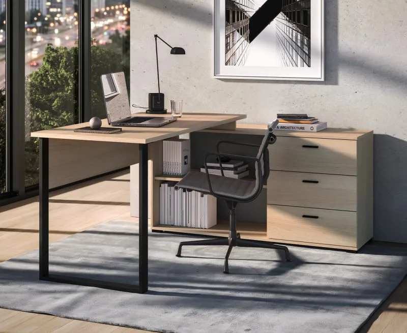 Eckschreibtisch | Farbe: Eiche Lindberg | 3 Schubladen | 168 x 133 x 77 cm | für Büro und Homeoffice | 2 Fächer | verstellbare Tischbreite | abschließbar