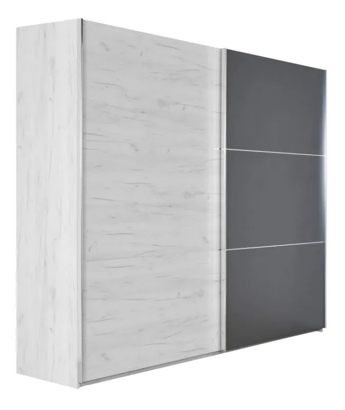 Schiebetürenschrank / Kleiderschrank Sabadell 23, Farbe: Eiche weiß / Anthrazit- Abmessungen: 222 x 269 x 64 cm (H x B x T)
