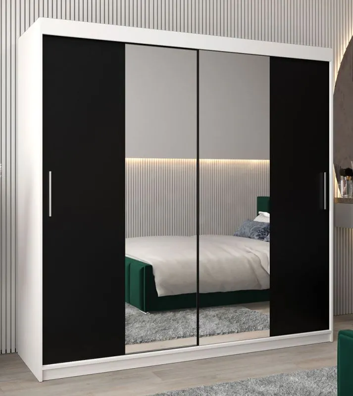 Schiebetürenschrank / Kleiderschrank Bisaurin 5B mit Spiegel, Farbe: Weiß matt / Schwarz - Abmessungen: 200 x 200 x 62 cm ( H x B x T)