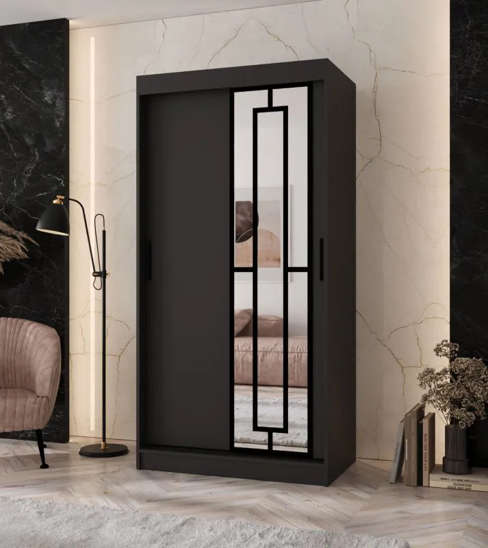 Schiebetürenschrank / Kleiderschrank | Schwarz Matt | 5 Fächer | 2 Kleiderstangen | schmal | 100 x 62 x 200 cm | dekorative Spiegeltür | für Schlafzimmer