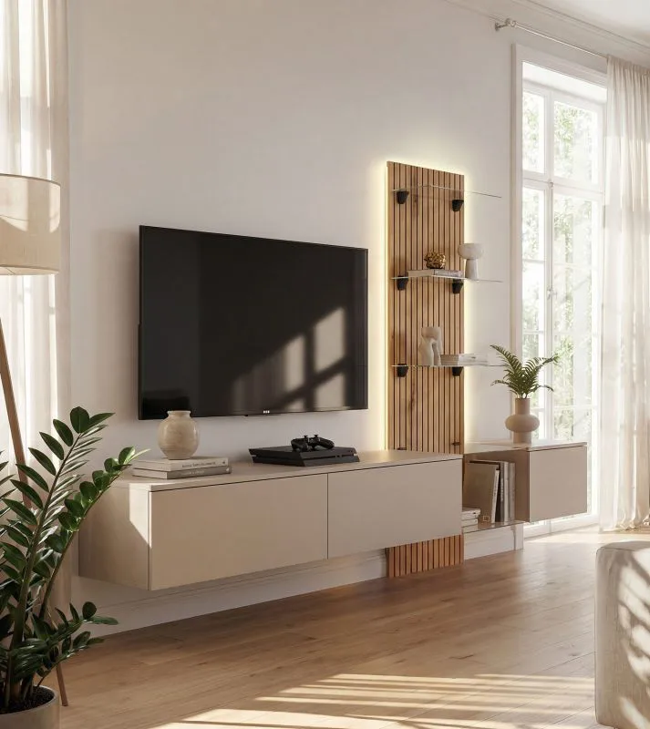 Wohnwand | inkl. Integrierter LED-Beleuchtung | Farbe: Clay Grau / Eiche Coast Evoke | Push-to-open Funktion | 300 x 45 x 160 cm | geriffelte Front | langes TV-Board