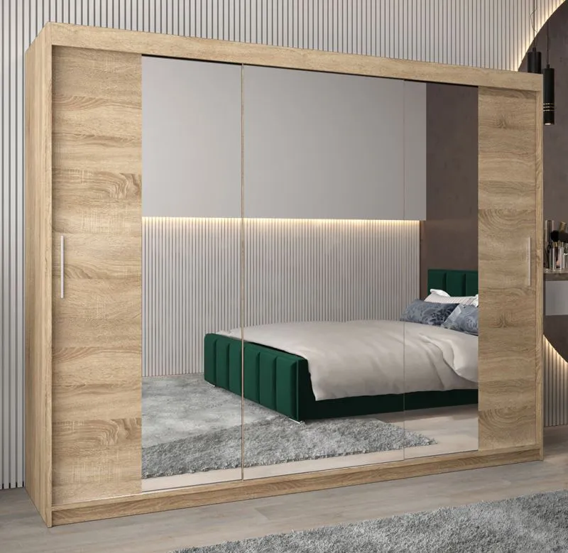 Schiebetürenschrank / Kleiderschrank Bisaurin 6C mit Spiegel, Farbe: Eiche Sonoma - Abmessungen: 200 x 250 x 62 cm ( H x B x T)