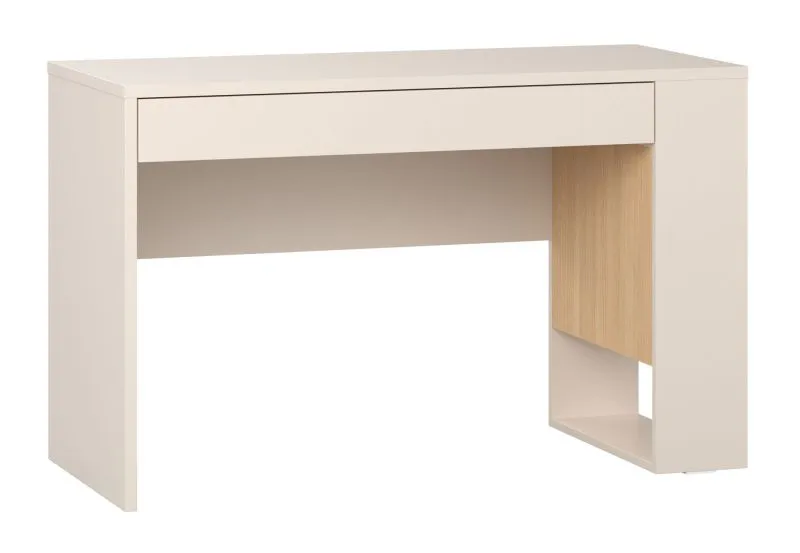 Schreibtisch mit einer Schublade | Farbe: Eiche / Beige | schlicht | Soft-Close-Funktion | Maße: 120 x 50 x 75 cm | vier Fächer für Bücher | für Büro