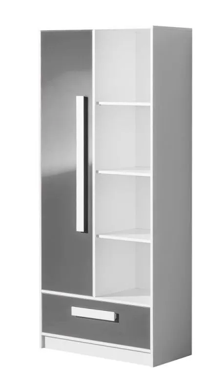 Kinderzimmer - Drehtürenschrank / Kleiderschrank Walter 03, Farbe: Weiß / Grau Hochglanz - 191 x 80 x 40 cm (H x B x T)