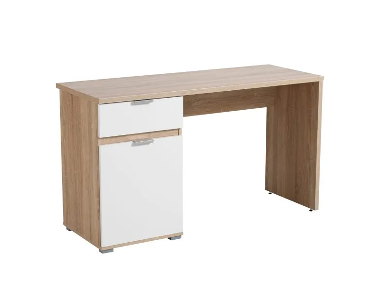 Schreibtisch Sonomi 01, Farbe: Eiche Sonoma / Weiß, eine Schublade, ABS-Kanten, eine Tür, Griffe: Grau, zwei Fächer, Maße: 75,5 x 130 x 50 cm, für Büro