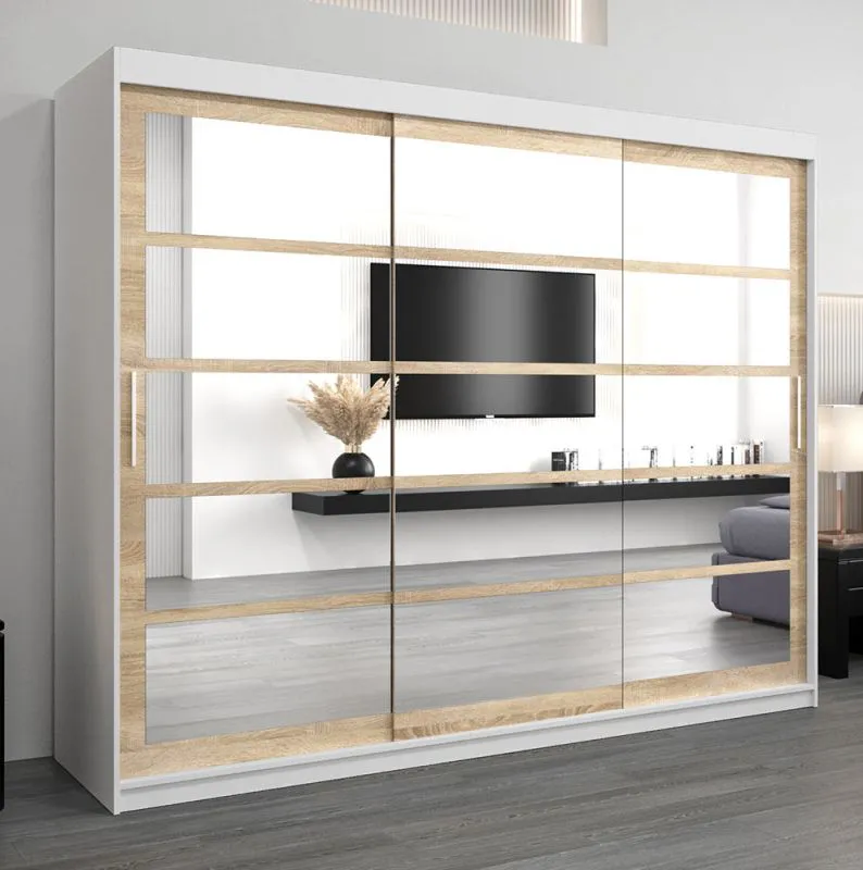 Großer 250 cm breiter Kleiderschrank mit 10 Fächern und 3 Türen | Farbe: Sonoma Eiche / Weiß Abbildung