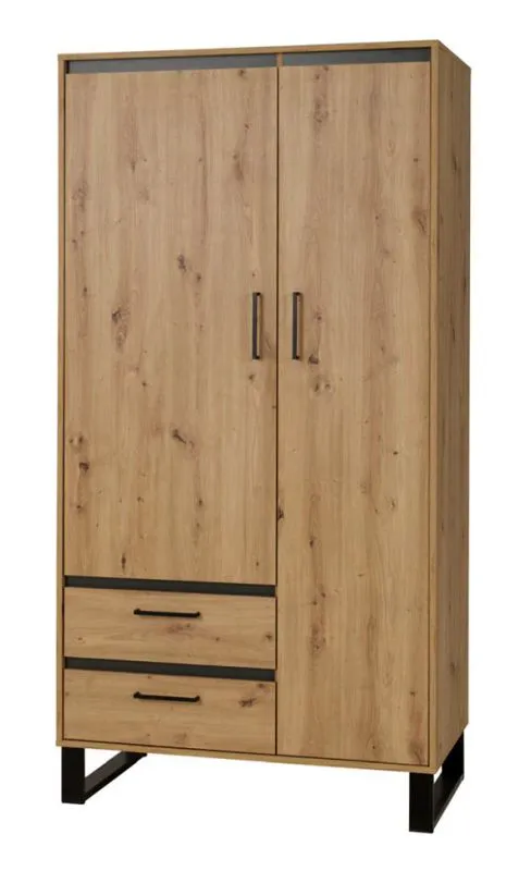 1 Meter breiter Kleiderschrank mit 2 Türen, 2 Fächern und 2 Schubladen | Farbe: Eiche | Tiefe: 51 cm Abbildung