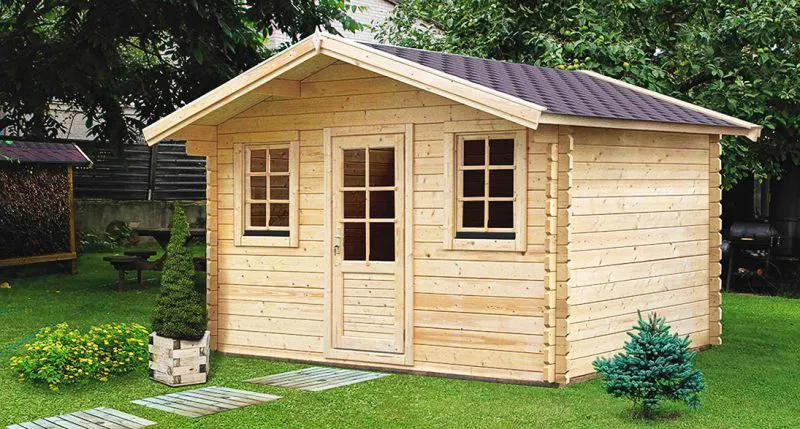Holz-Gartenhaus 2,98 x 3,98 Meter (inkl. Dach) | Naturbelassen | Satteldach | 44 mm Blockbohlen-Haus Abbildung