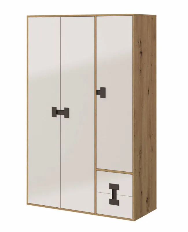 Jugendzimmer - Drehtürenschrank / Kleiderschrank Garian 04, Farbe: Eiche / Weiß / Grau - Abmessungen: 191 x 120 x 50 cm (H x B x T)