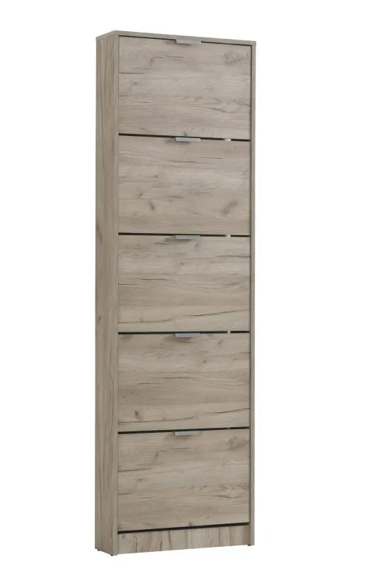 Hoher Schuhschrank mit fünf Kipptüren Veliko 07, Farbe: Eiche Grau, Griffe: Grau, ABS-Kanten, Maße: 191,5 x 58 x 18 cm, für den Vorraum