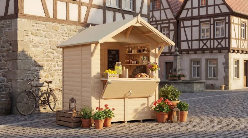 Verkaufsstand | Kiosk | inkl. Fußboden | Naturbelassen | Grundfläche: 3,19 m² | Verkaufshäuschen | Satteldach | Sonnentraum 01 | Gerahmte Massivholztür