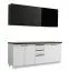 Elegante Küchenzeile / Küchenblock Plina 01, Farbe: Weiß / Schwarz / Schwarz Matt, zwei Schubladen, ABS-Kanten, 200 cm breit, ein Hängeschrank mit Glastüren