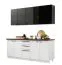Elegante Küchenzeile / Küchenblock Plina 01, Farbe: Weiß / Schwarz / Schwarz Matt, zwei Schubladen, ABS-Kanten, 200 cm breit, ein Hängeschrank mit Glastüren