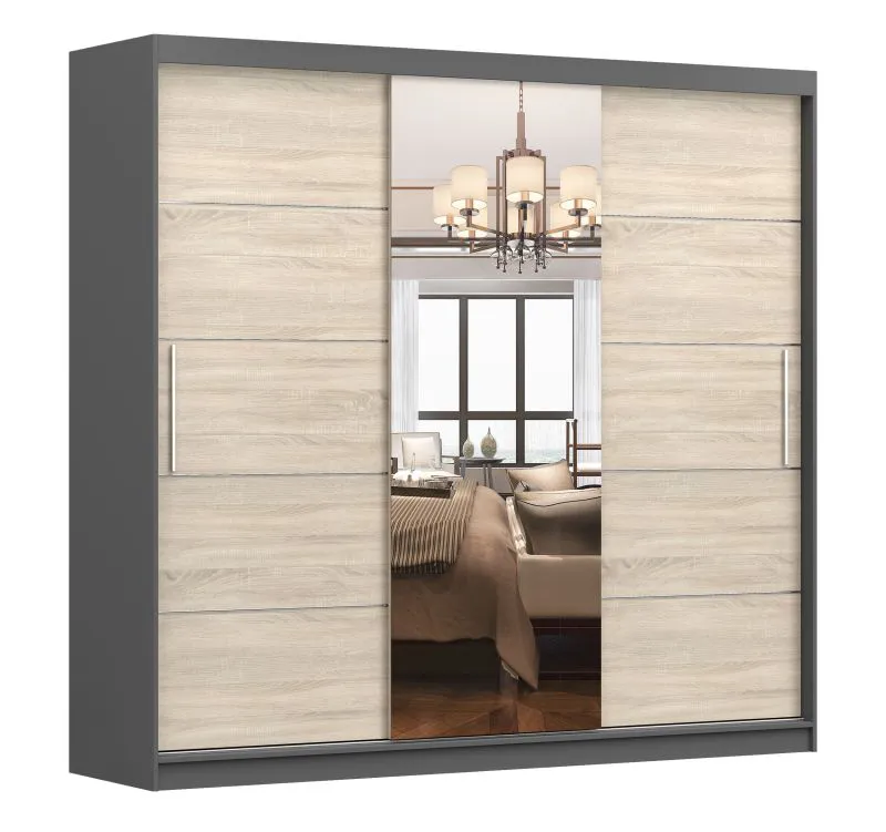 2,3 Meter breiter Schiebetürenschrank / Kleiderschrank mit Spiegel Eiche / Grau | Gorski 76 | 218 x 233 x 61 cm | 3 Türen | 12 Fächer | Zweifarbig