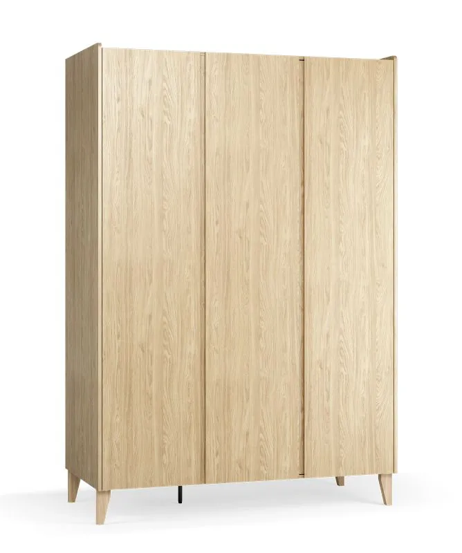 Kleiderschrank / Drehtürenschrank | Farbe: Eiche | 3 Türen | inkl. LED-Beleuchtung | Maße: 140 x 60 x 204 cm | Soft-Close-Funktion | 2 Schubladen