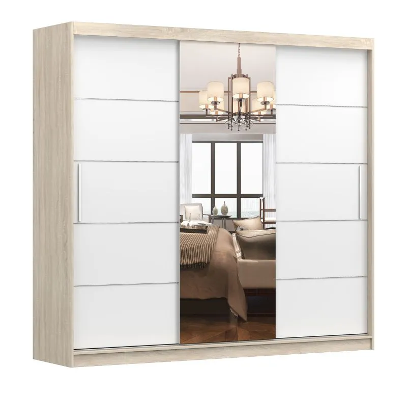 Kleiderschrank / Schiebetürenschrank 2,3 Meter breit | Gorski 73 | Weiß / Artisan | mit Spiegel | 12 Fächer | Griffe: Metall | 218 x 233 x 61 cm