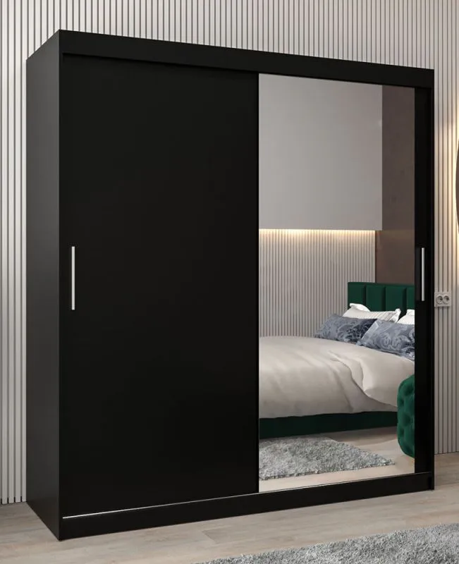 Schiebetürenschrank / Kleiderschrank Bisaurin 4C mit Spiegel, Farbe: Schwarz - Abmessungen: 200 x 180 x 62 cm ( H x B x T)