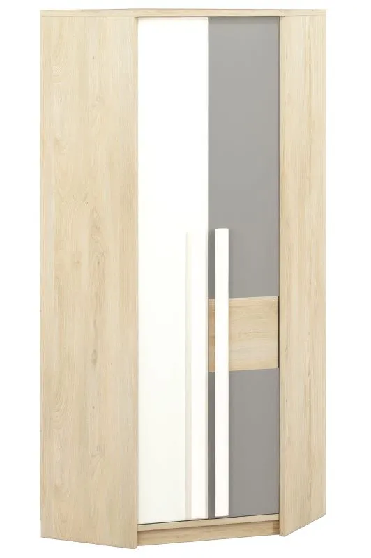 Jugendzimmer - Drehtürenschrank / Eckkleiderschrank Greeley 01, Farbe: Buche / Weiß / Platingrau - Abmessungen: 199 x 82 x 82 cm (H x B x T), mit 2 Türen und 6 Fächern