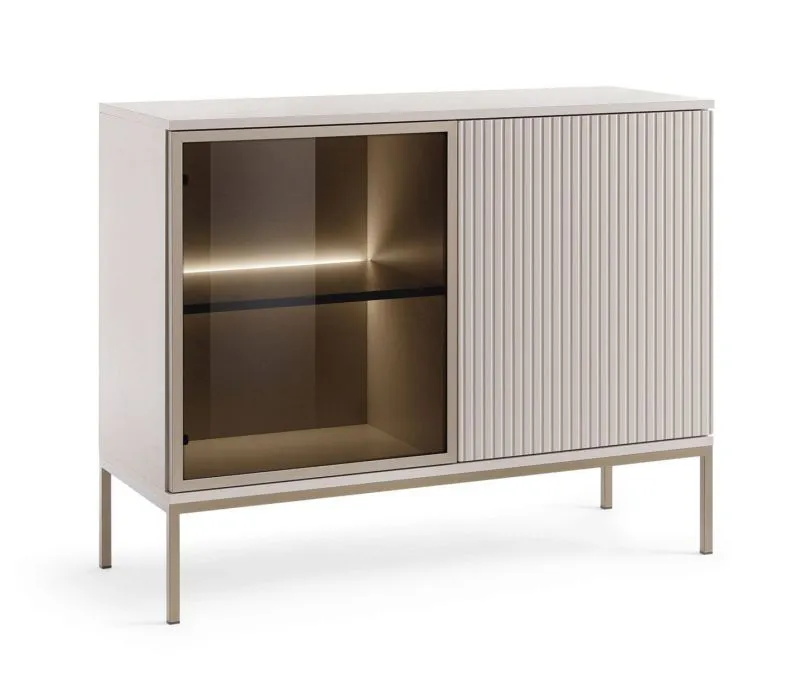 Edle Kommode mit Glastür, in Kaschmir, 83 x 104 x 39 cm, mit 4 geräumigen Fächern, inkl. LED-Beleuchtung, Push-to-open Funktion, 2 Türen