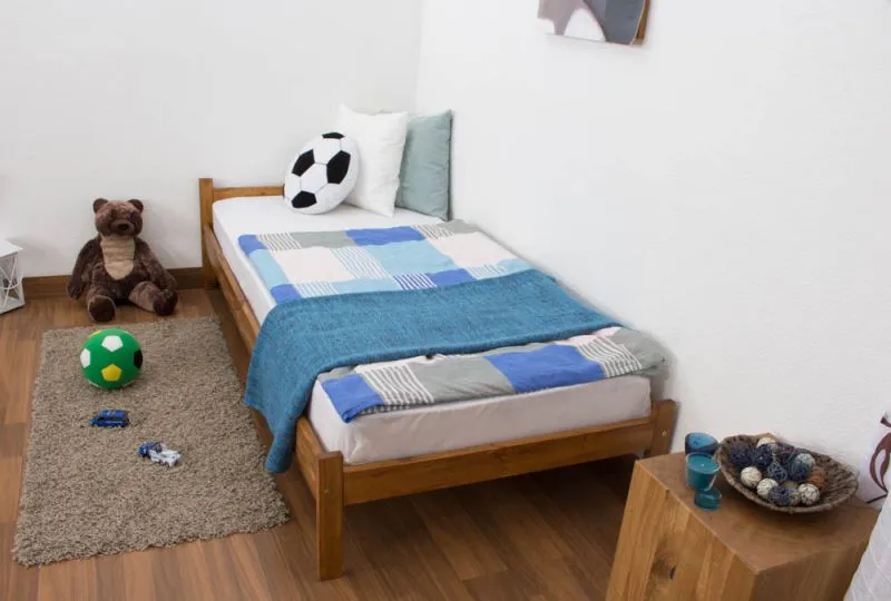 Kinderbett / Jugendbett Kiefer Vollholz massiv Eichefarben A14, inkl. Lattenrost - Abmessung 90 x 200 cm
