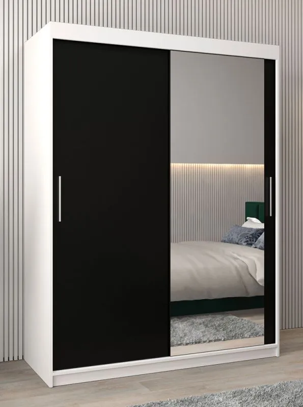 Schiebetürenschrank / Kleiderschrank Bisaurin 3C mit Spiegel, Farbe: Weiß matt / Schwarz - Abmessungen: 200 x 150 x 62 cm ( H x B x T)