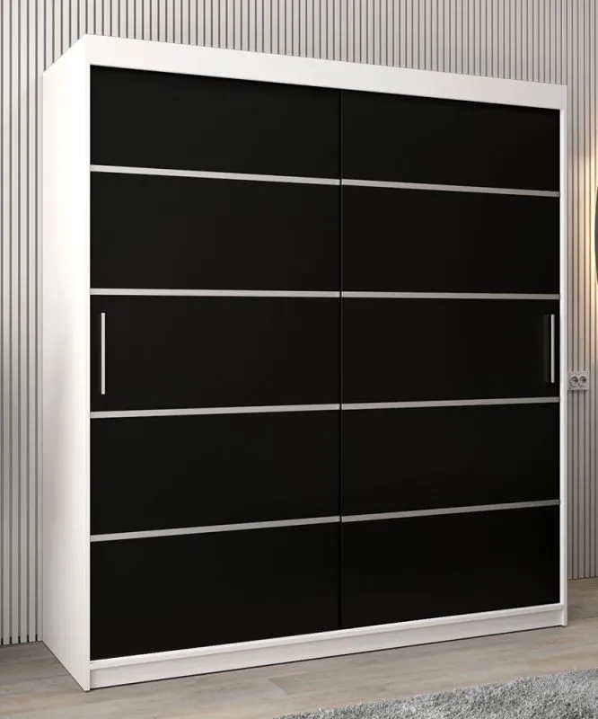 Schiebetürenschrank / Kleiderschrank Jan 04A, Farbe: Weiß matt / Schwarz - Abmessungen: 200 x 180 x 62 cm ( H x B x T)