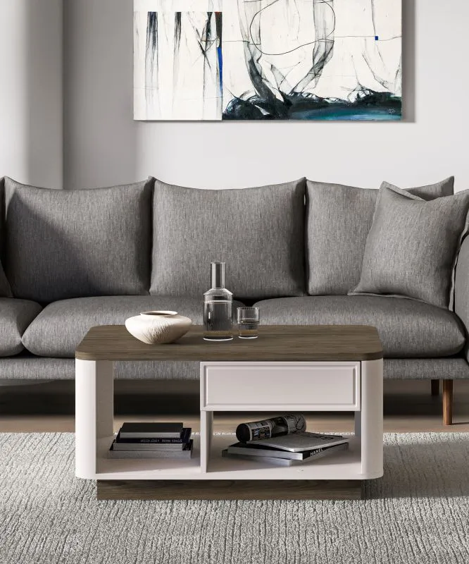 Couchtisch | 1 Schublade | Farbe: Kaschmir / Eiche Windmill dunkel | 2 Fächer | Soft-Close-Funktion | Griff: Metall | Maße: 90 x 60 x 45 cm | Kaffeetisch