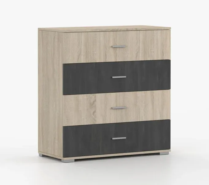 Kommode / Sideboard | Sonoma / Kiefer | Komovi 05 | 2-farbig | 4 Schubladen | 93 x 90 x 42 cm | Griffe: Aluminium silberfarben | ausreichend Stauraum