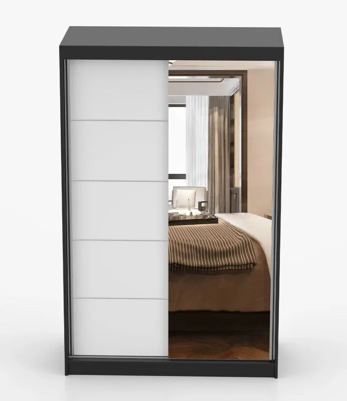 2 Meter hoher Kleiderschrank / Schiebetürenschrank | 200 x 120 x 61 cm | Weiß / Schwarz | Rudawy 03 | 2 Türen | Spiegel | Kleiderstange | 6 Fächer