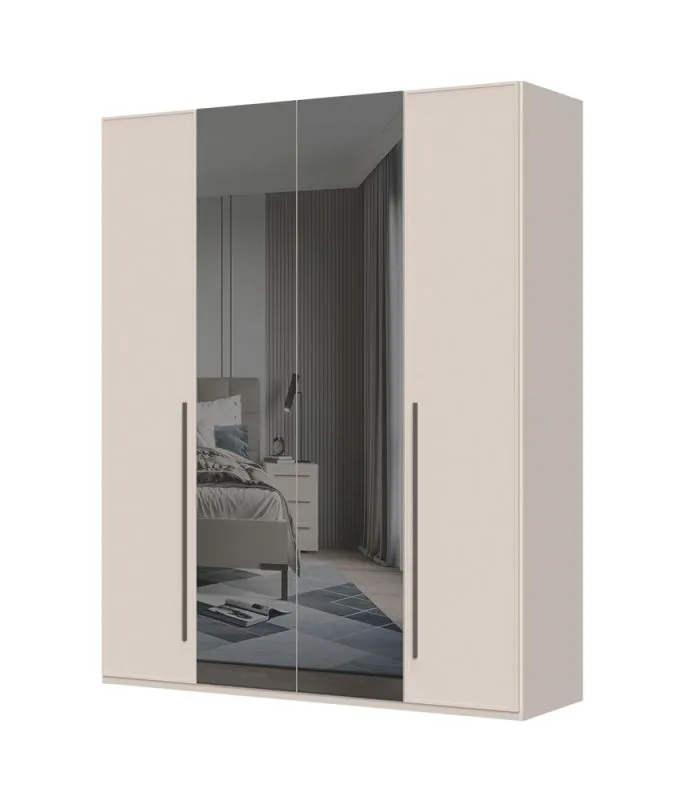 Viertüriger Kleiderschrank mit zwei Spiegeltüren Neiafu 09, Farbe: Kaschmir, Maße: 224 x 182 x 56 cm, Soft-Close-Funktion, zwei Kleiderstangen