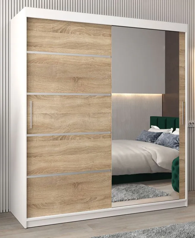Schiebetürenschrank / Kleiderschrank Jan 04B mit Spiegel, Farbe: Weiß Matt / Eiche Sonoma - Abmessungen: 200 x 180 x 62 cm ( H x B x T)