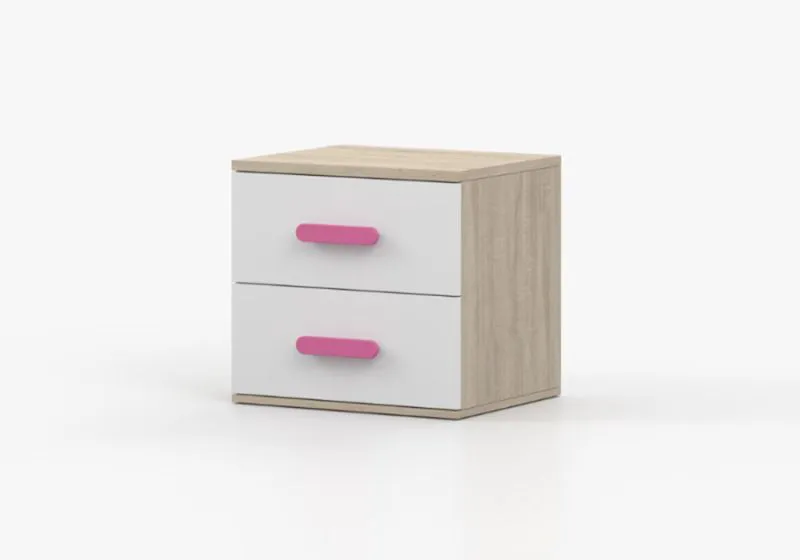 Nachtkästchen / Nachtkommode | Weiß / Sonoma Eiche | 2 Schubladen | Smolikas 125 | 50 x 55 x 40 cm | rosa Holzgriffe | Kinder | Jugend