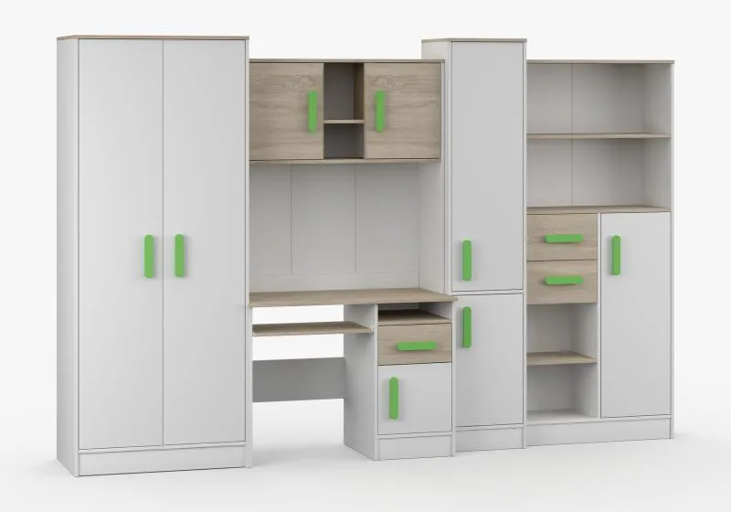 Kinderzimmer Schrankwand mit Schreibtisch | 300 x 52 x 196 cm | Weiß / Eiche | Grammasos 03 | 8 Türen | 3 Schubladen | 19 Fächer | Jugendzimmer