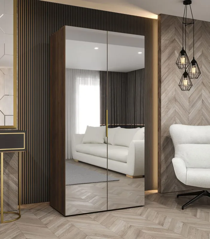 Kleiderschrank mit zwei Spiegeltüren | Farbe: Walnuss | 1 Meter breit | Griffe: Gold | eine Kleiderstange | ein Fach | Soft-Close-Funktion