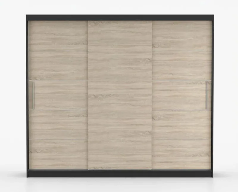 Kleiderschrank / Schiebetürenschrank Eiche / Schwarz | Cevennen 06 | 218 x 250 x 61 cm | 3 Türen | 12 Fächer | viel Stauraum | Sprossen | Zweifarbig
