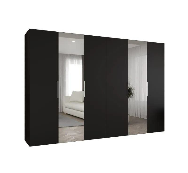 Kleiderschrank mit vier Kleiderstangen Korab 106, Farbe: Schwarz, Soft-Close-Funktion, Griffe: Kaschmir, 3 Meter breit, vier Fächer, Drehtürenschrank