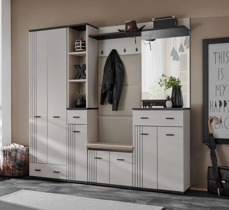 Garderobe | Spiegel | Farbe: Kaschmir / Schwarz | 4 Haken | gepolstertes Paneel | Maße: 210 x 32 x 203 cm | Kleiderschrank | 3 Schubladen