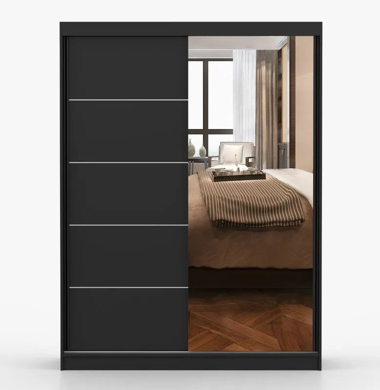 Schiebetürenschrank / Kleiderschrank | Spiegel | 200 x 150 x 61 cm | Schwarz | Bucegi  32 | 2 Türen | 6 Fächer | Griffe: Aluminium | Kleiderstange