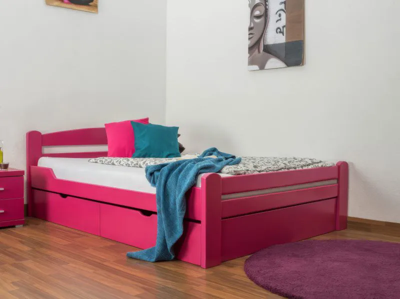 Jugendbett "Easy Premium Line" K4, inkl. 2 Schubladen und 1 Abdeckblende, 140 x 200 cm Buche Vollholz massiv rosa lackiert