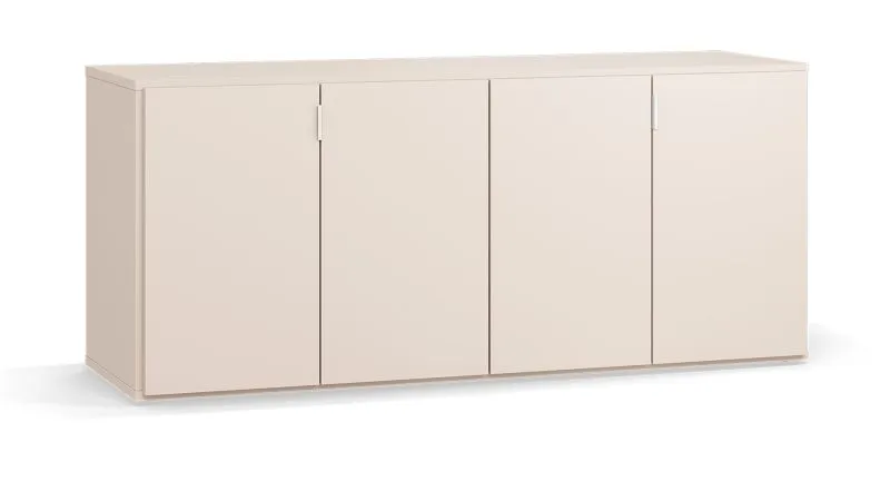 Kommode / Sideboard | 4 Falttüren | Farbe: Beige | Griffe: Weiß | 3 Schubladen | Maße: 160 x 47 x 68,5 cm | 4 Fächer | Soft-Close-Funktion | für Wohnzimmer