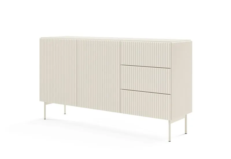 Kommode mit zwei Türen Goulette 04 | Farbe: Kaschmir | geriffelte Front | drei Schubladen | ABS | Sideboard | Maße: 81 x 147 x 39,5 cm | Push-to-open Funktion