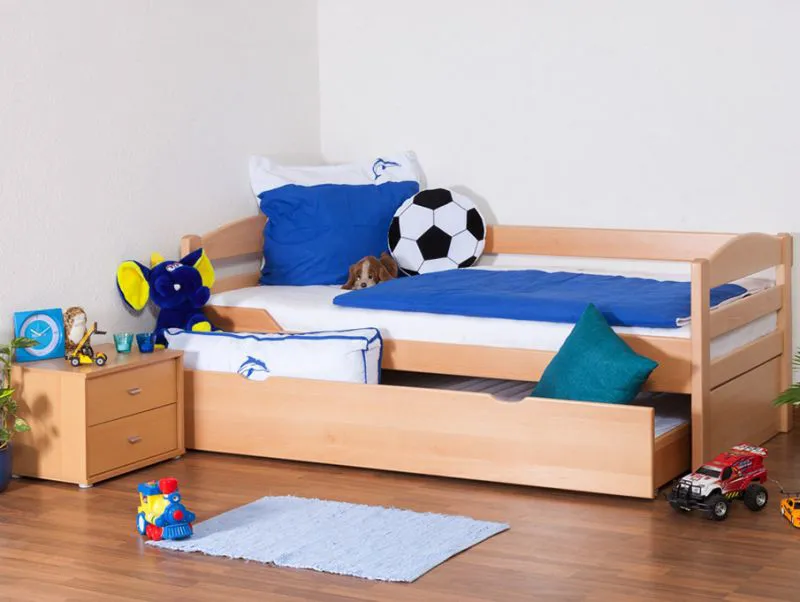 Kinderbett 90 x 200 cm | Massivholz: Buche | Natur Lackiert | inkl. 2. Liegeplatz 90 x 190 cm ausziehbar und 2 Rollrost Abbildung