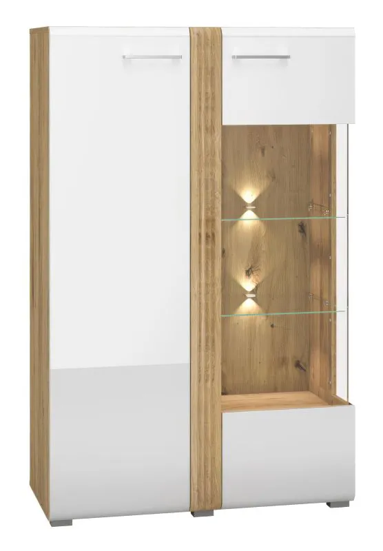 Vitrine Tullahoma 03, Glastür rechts, Farbe: Eiche / Weiß Glanz - Abmessungen: 143 x 92 x 42 cm (H x B x T), mit 1 Tür und 9 Fächern