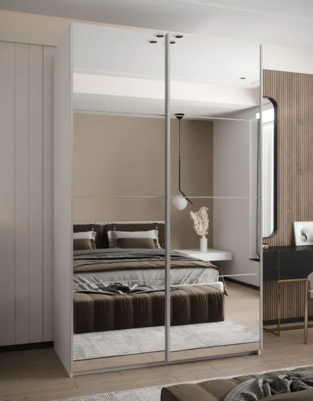 Kleiderschrank / Schiebetürenschrank | 2 Kleiderstangen | Soft-Close | 6 Einlegeböden | 245,5 x 150 x 64 cm | Farbe: Weiß | Spiegel | 6 Fächer