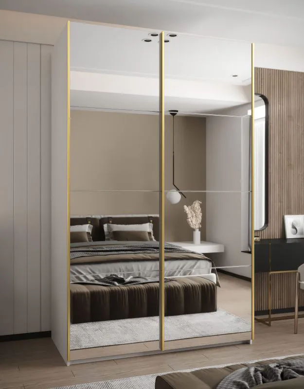 Kleiderschrank / Schiebetürenschrank | 245,5 x 160 x 64 cm | 2 Kleiderstangen | Farbe: Weiß | Soft-Close | 11 Fächer | 10 Einlegeböden | Spiegel