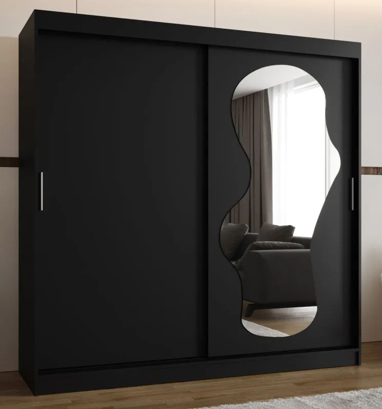 Kleiderschrank / Schiebetürenschrank Lagginhorn 19, Farbe: Schwarz, eine Spiegeltür, 2 Meter breit, 10 Fächer, Aluminiumschienen, zwei Kleiderstangen