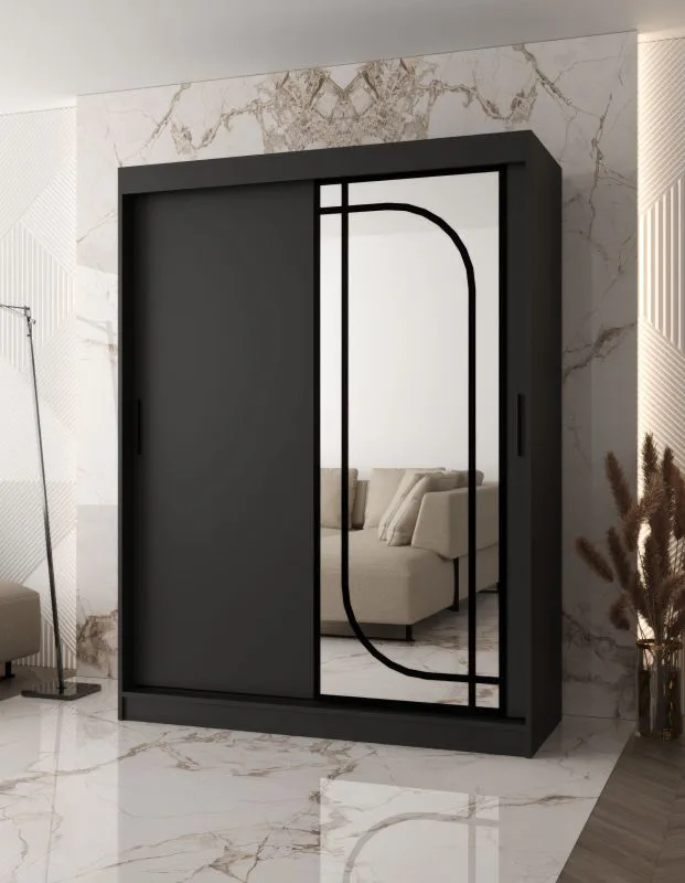 Schiebetürenschrank / Kleiderschrank | Schwarz Matt | 150 x 62 x 200 cm | 2 Kleiderstangen | zuverlässiges Gleitsysteme | 5 Fächer | dekorativer Spiegel