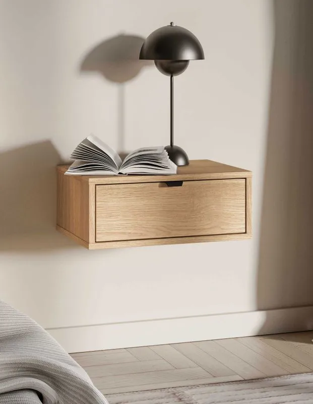Nachtkommode hängend | 1 Vollauszug Schublade | Farbe: Eiche Mavelie | Soft-Close Funktion | 45 x 33 x 18 cm | Nachtkästchen | für Schlafzimmer